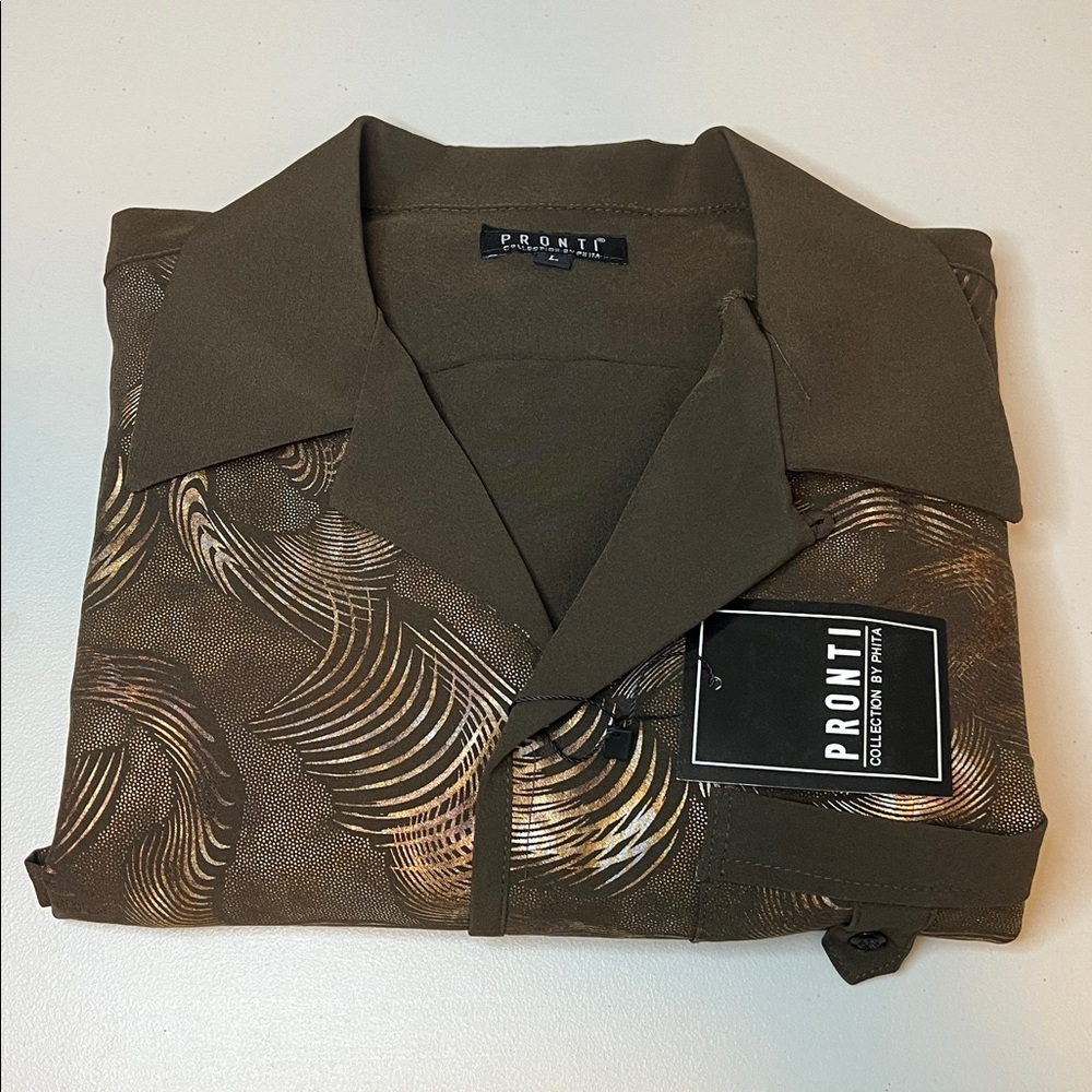 Pronti Casual Button Down Brown/Metallic Zebra Print Size Large NWT